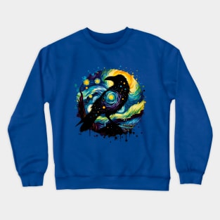 Crow in Starry Night Style Van Gogh Painting Raven Lover, black crows, raven, corvid, books, magic Crewneck Sweatshirt